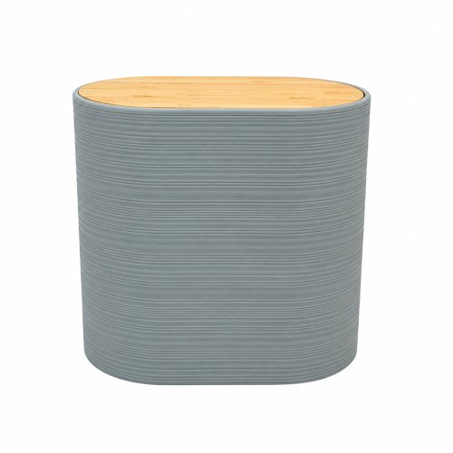 Cesto de basura oval rayado de plástico gris con tapa vaivén de bambú 25,5x16x24cm