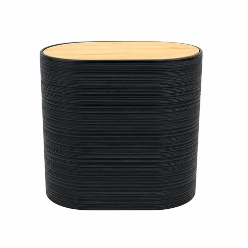 Cesto de basura oval rayado de plástico negro con tapa vaivén de bambú 25,5x16x24cm