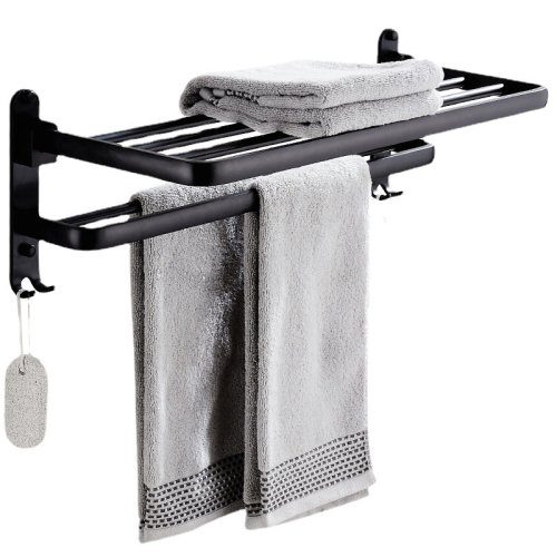 Soporte para toallones de aluminio gris oscuro con 2 soportes para toalla y 2 ganchos 60x22x17cm
