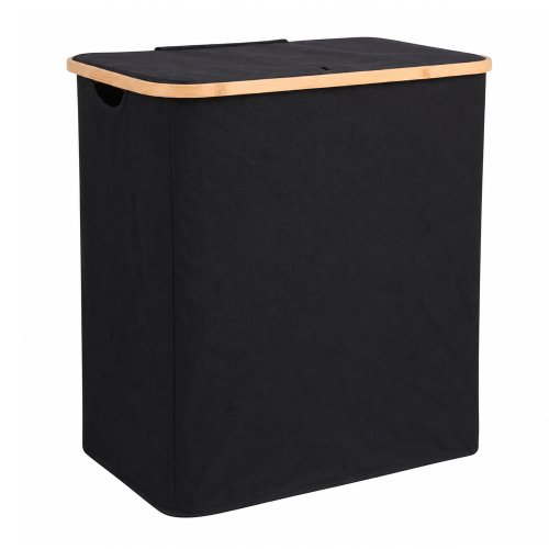 Cesto de ropa doble negro con tapa borde bamboo 54x33x58cm tela