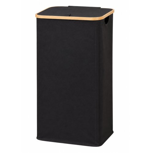 Cesto de ropa rectangular negro con tapa borde bambú 40x33x75cm tela