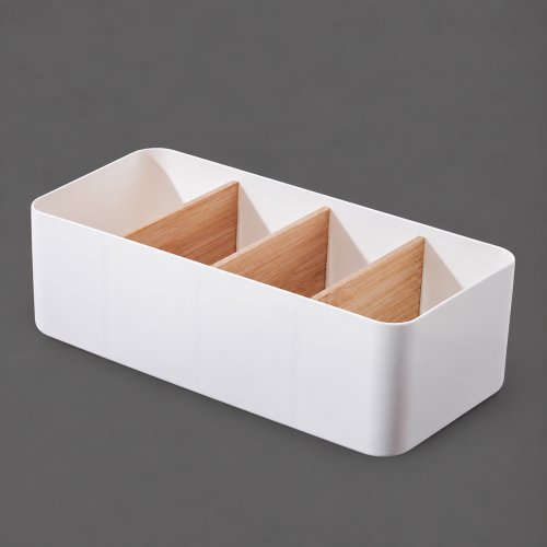 Organizador rectangular blanco plástico con 4 divisiones de bambú 26,9x12,8x7,9cm