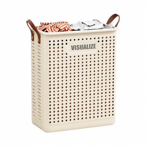 Cesto de ropa rectangular de plástico blanco con asas marrón 37,7x22x45,4cm