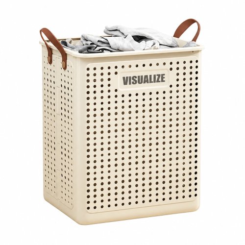 Cesto de ropa rectangular de plástico blanco con asas marrón 37,5x36x50,5cm
