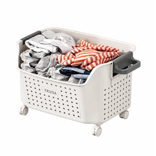 Cesto de ropa de plástico blanco y asas grises con doble canasto y ruedas 40x31x28cm