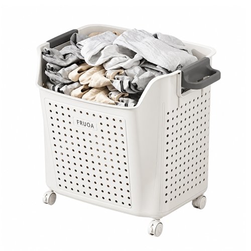 Cesto de ropa de plástico blanco y asas grises con ruedas 41,5x32,5x41,5cm