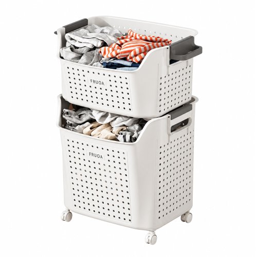 Cesto de ropa de plástico blanco y asas grises con doble canasto y ruedas 41,5x32,5x63cm