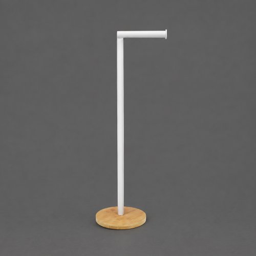 Portarollos de papel higiÃ©nico rebatible de acero blanco con base de bambÃº redonda Ã?15Ã?55â??66,5cm (tubo de 19 mm)