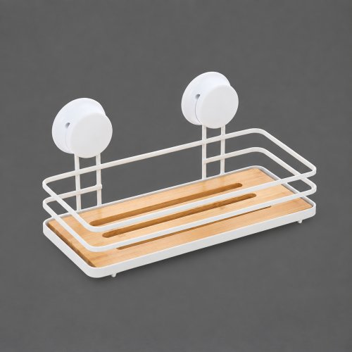 Estante de baño de acero blanco con base de bambú y sopapas de alta fijación 26×13×13,5cm