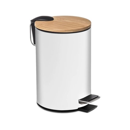Cesto de basura metálico blanco, tapa de bambú y balde interior plástico. 3L 17×17×22,7cm