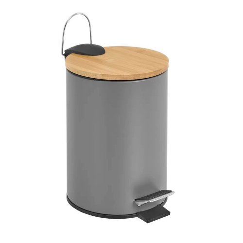Cesto de basura metálico gris claro, tapa de bambú y balde interior plástico. 3L 17×17×22,7cm