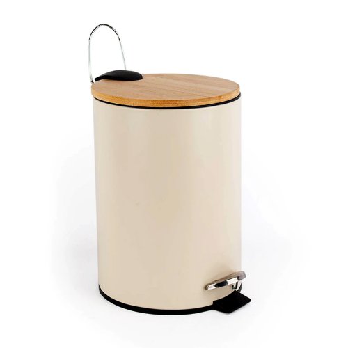 Cesto de basura metálico natural, tapa de bambú y balde interior plástico. 3L 17×17×22,7cm
