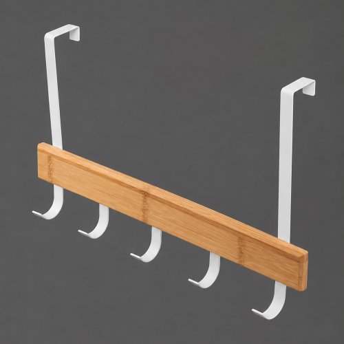 Perchero para puerta con 5 ganchos con base de bambu y soportes de metal blanco 40x4x30cm.  Compatible con puertas de hasta 4.5 cm de espesor