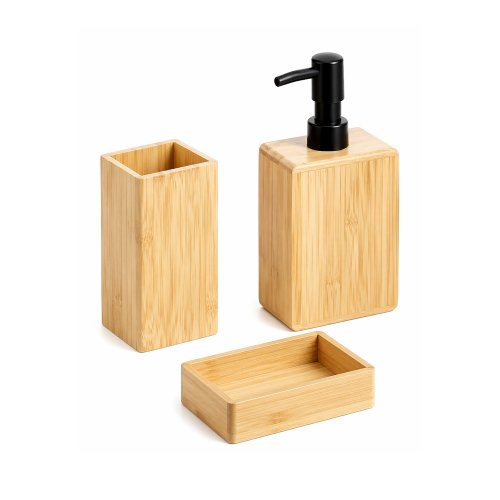 Set de baño cuadrado de bamboo x3 piezas (dispenser con pico negro)