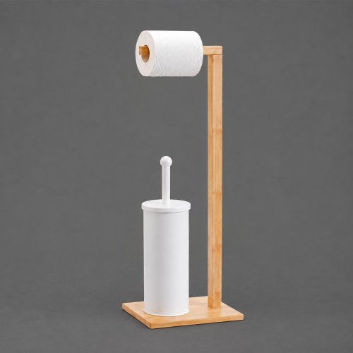 Porta papel higiénico de bamboo con cepillo de baño de metal blanco 9,5x26,5-37,5cm / 20×16×67cm