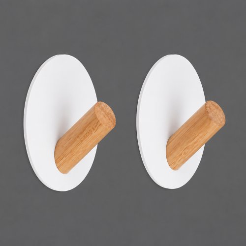 Set x2 percheros redondos autoadhesivos de bamboo y metal blanco 5,2×5,2×3,1cm