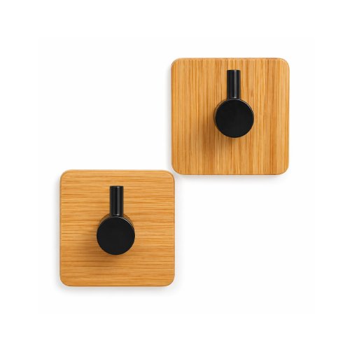 Set x2 percheros cuadrados autoadhesivos. Bamboo y metal negro 4,5×4,5×2,8cm