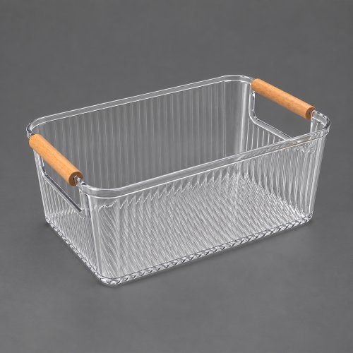 Canasto rectangular rayado transparente con asas de bamboo PET