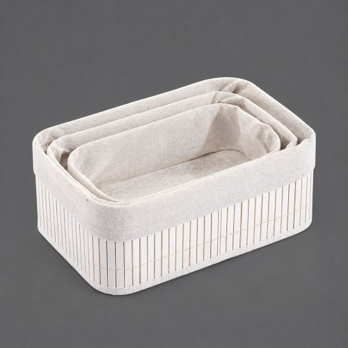 Set x 3 canastos blancos rectangulares de bamboo y tela 30x20x12cm / 28x18x10cm / 25x15x8cm