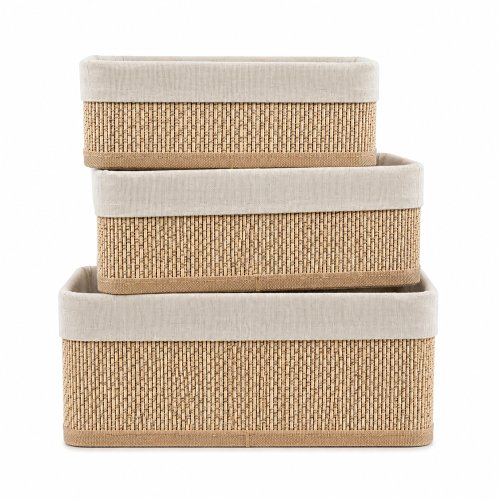 Set x 3 canastos rectangulares natural y blanco de bamboo y tela 30x20x12cm / 28x18x10cm / 25x14x8cm