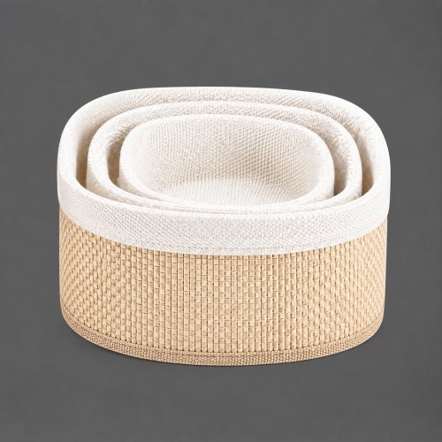 Set x 3 canastos ovales natural y blanco de bamboo y tela 30x20x12cm / 26x16x10cm / 22x12x8cm
