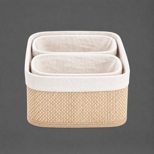 Set x 3 canastos rectangulares natural y blanco de bamboo y tela 30x20x12cm / 18x13x10cm (2)