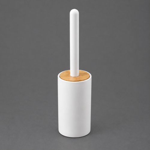 Cepillo de baño redondo de plástico blanco con tapa de bamboo 12x12x39cm
