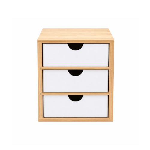 Organizador de bamboo con 3 cajones de plástico blanco