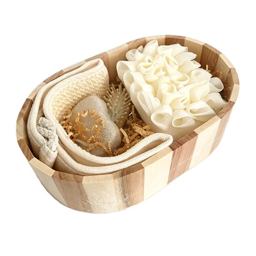 Caja de regalo oval de madera con toalla, esponja, cepillo, piedra y esponja de espalda