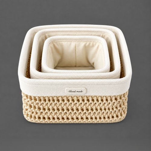 Set x3 canastos simil arpillera natural 16x16x9cm / 20x20x10cm / 25x25x11cm polyester