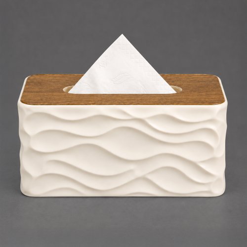 Porta pañuelos rectangular con ondas de polipropileno blanco milky y tapa de madera 21x13x10,4cm