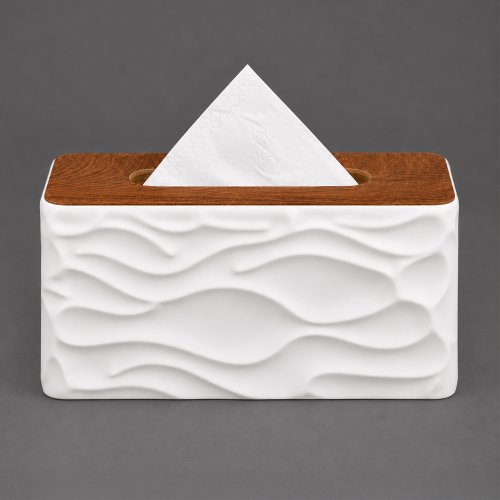 Porta pañuelos rectangular con ondas de polipropileno blanco y tapa de madera 21x13x10,4cm