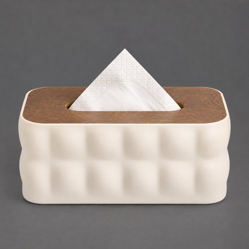 Porta pañuelos rectangular con burbujas de polipropileno blanco milky y tapa de madera 22x14x9,1cm