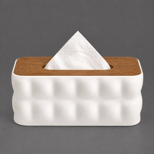 Porta pañuelos rectangular con burbujas de polipropileno blanco y tapa de madera 22x14x9,1cm