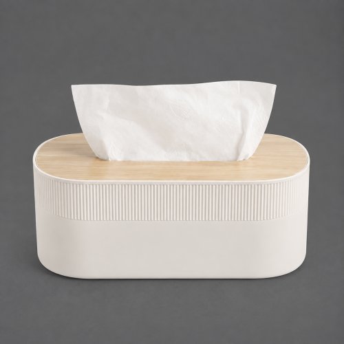 Porta pañuelos rectangular rayado de polipropileno blanco tapa de madera 21x13x7,5cm