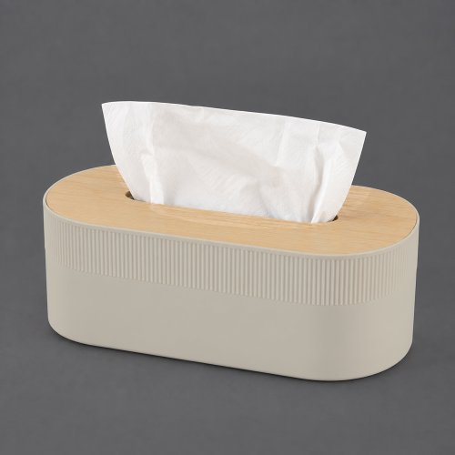 Porta pañuelos rectangular rayado de polipropileno natural tapa de madera 21x13x7,5cm
