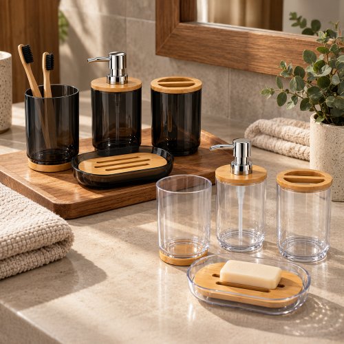 Set de baño x4 piezas de acrílco y bamboo colores surtidos