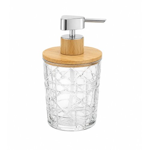 Dispenser para jabón líquido de acrílico con rombos y tapa de bamboo