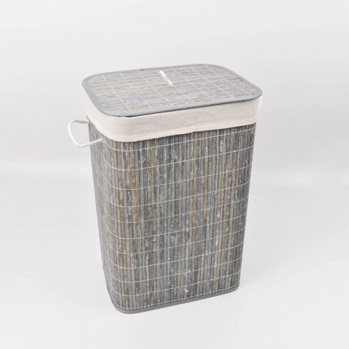 Cesto de ropa bamboo rectangular con tela gris