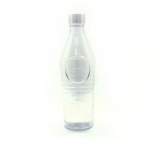Botella de vidrio redonda rayada con tapa de acero
