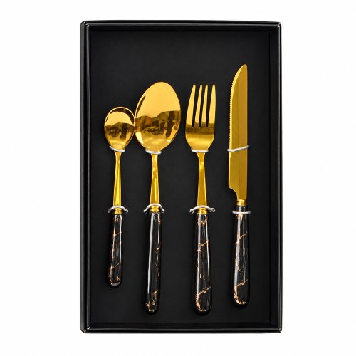 Set x4 cubiertos dorados con mango negro