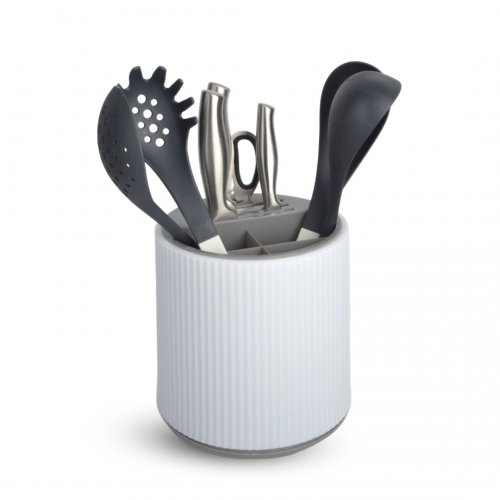 Porta utensilios de cocina redondo rayado blanco con borde gris 20x21cm