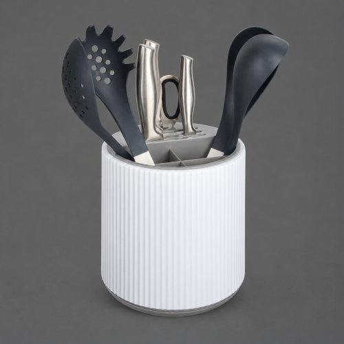 Porta utensilios de cocina redondo rayado blanco con borde gris 20x21cm