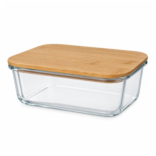 Contenedor de vidrio rectangular 1040ml con tapa bambú 20x15x7cm