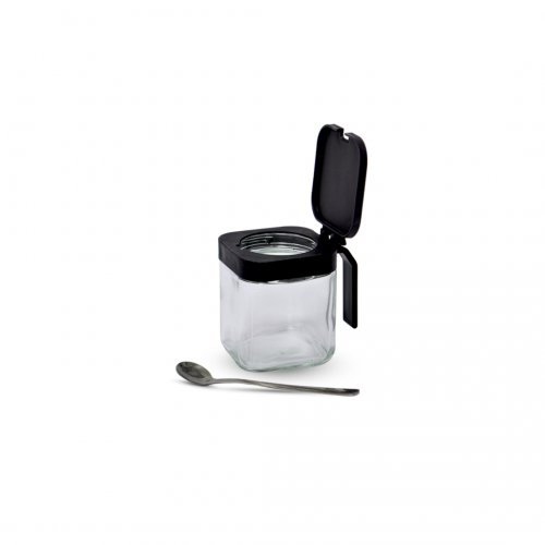 Azucarera de vidrio con tapa plástica y asa negra con cuchara 250ml