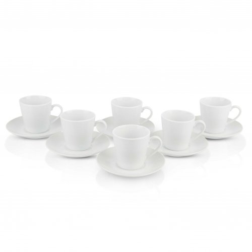 Set x6 tazas de cerámica blanca con rayas diagonales con plato 90cc