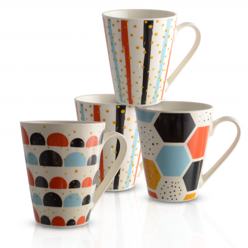 Set x12 jarros mug ceramica semi circulos-lineas y puntos blanco-negro-celeste-naranja surtidos 8,6x10,2cm