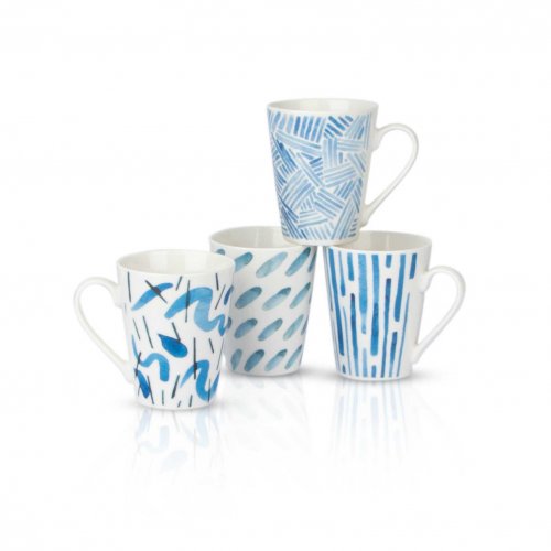 Set x12 jarros cerámica blanco con líneas azul - celestes diseños surtidos