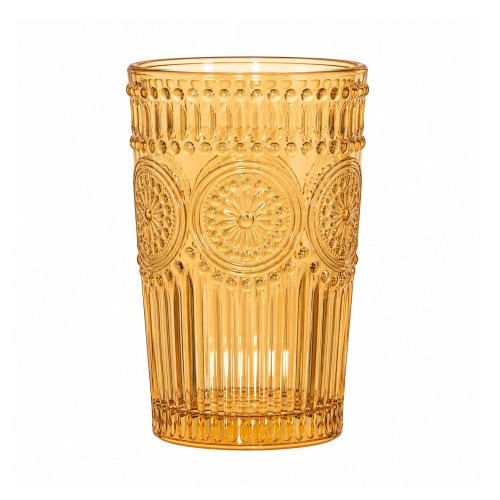Set x6 vasos altos labrado 400ml vidrio dorado 8x12cm