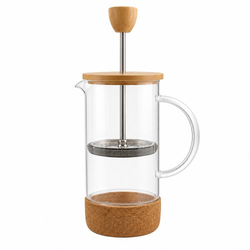 Cafetera con tapa de bambú, asa de vidrio y base de corcho 350ml 7,2x17,7cm de vidrio